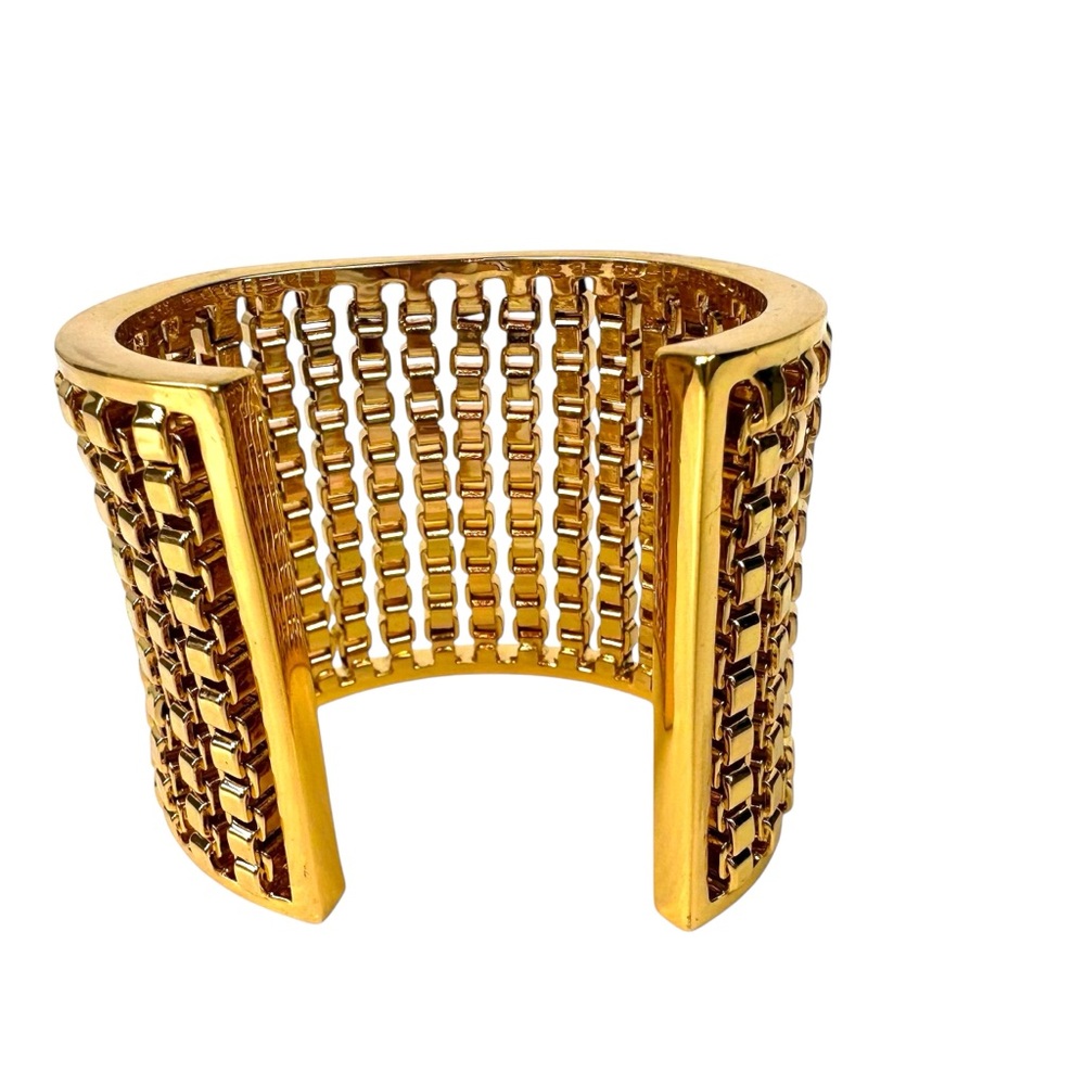 Coach Chunky Box Chain Gold Tone Wide Cuff Bracelet Statement Open Bangle - Picture 8 of 10